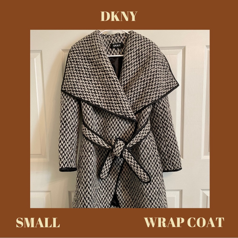 DKNY Black & White Textured Wrap Tweed Coat Women | Size Small | Black & White